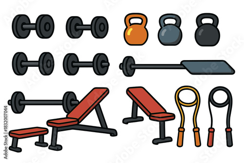 Variety of gym equipment including weights, kettlebells, and benches for workout routines and fitness training