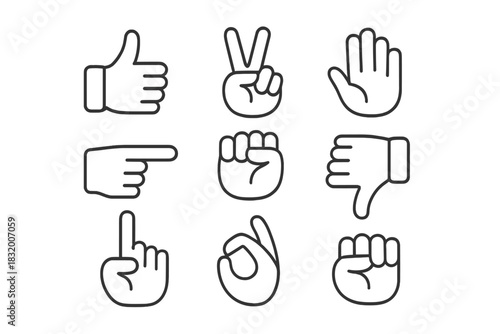Different hand gestures displayed in simple outline style on a white background for communication