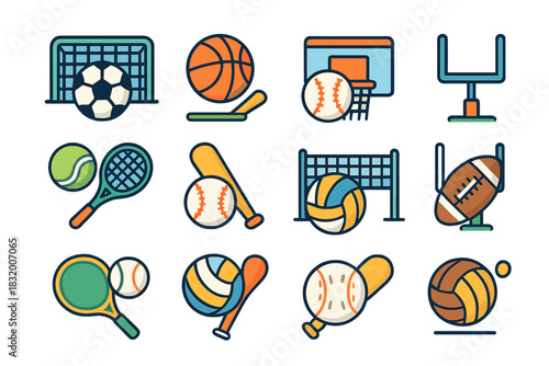 Sport icons showcasing various games with equipment and balls grouped together in a colorful layout for sports enthusiasts