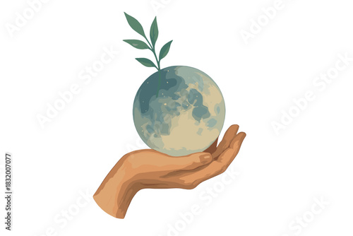 Holding a planet with a sprouting plant symbolizes environmental care and hope for a sustainable future