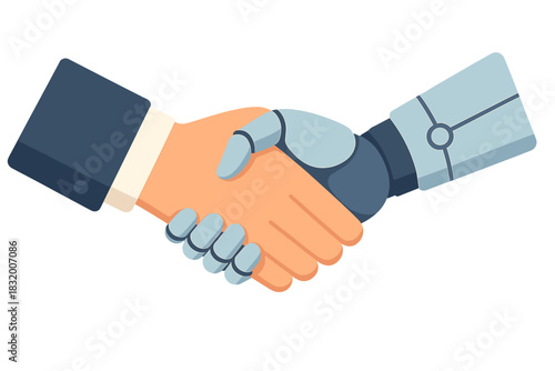 Human and robot shake hands to symbolize partnership and innovation in technology and business collaboration opportunities