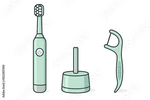 Electric toothbrush and dental care tools in mint green color for effective oral hygiene routine