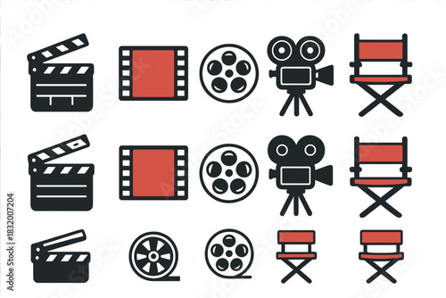 Collection of film and movie symbols including clapperboard, film reel, camera, and director's chair arranged in a neat grid