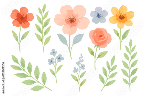 Colorful watercolor flowers and leaves arranged in a delicate pattern on a white background suitable for various designs