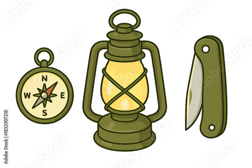 Useful camping tools including a lantern, compass, and folding knife for outdoor adventures
