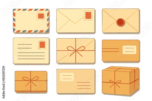 Collection of colorful envelopes and parcels arranged in a grid showing different styles of mail items
