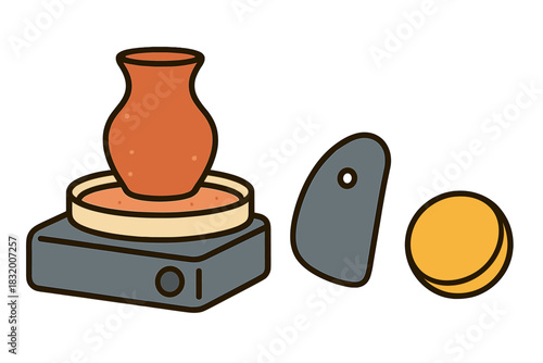 Pottery wheel showcasing a clay pot, tools, and materials for crafting at a creative studio