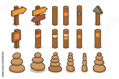 Wooden signs and stones arranged in various shapes and directions at a nature trail