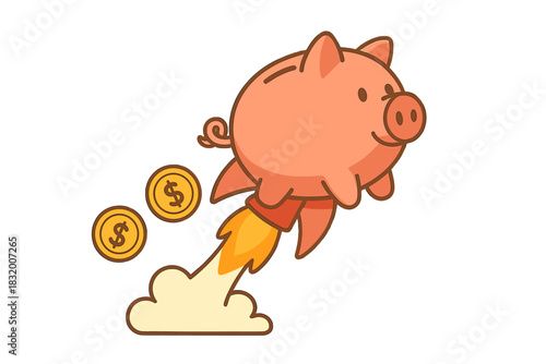 Piggy bank launching into space with coins during a playful financial adventure