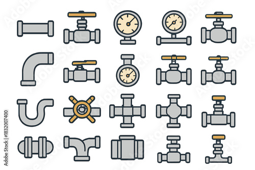 Collection of various plumbing parts including valves, gauges, and pipes arranged in a grid for easy reference