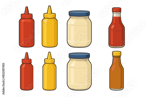 Different types of condiments arranged on a flat surface with various colors and packaging styles