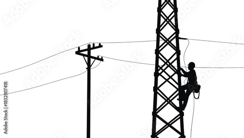 Electrical lineman climbing tower silhouette power line worker