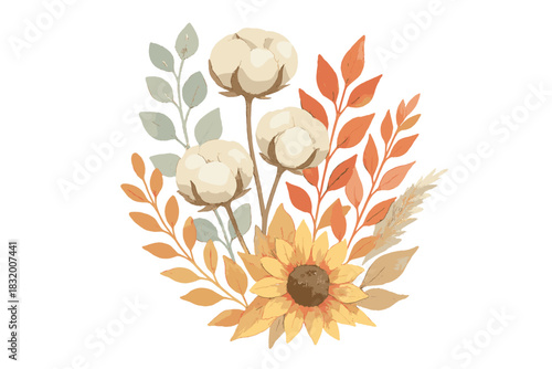 Beautiful arrangement of autumn flowers featuring sunflowers and cotton in warm colors