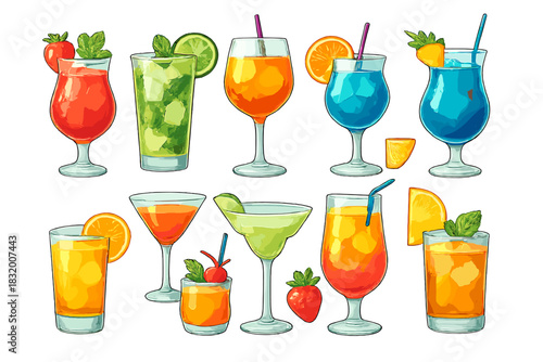 Colorful drinks arranged together on a table showcasing refreshing summer beverages in bright colors