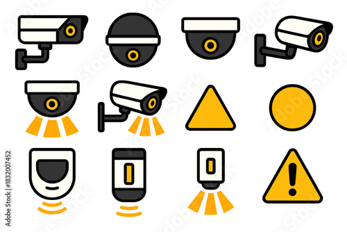 Variety of security cameras and warning symbols for surveillance monitoring and safety purposes