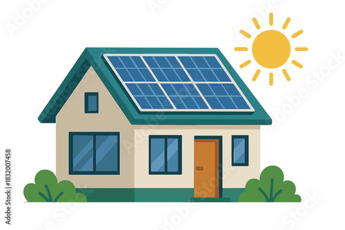Solar powered house with solar panels and sun shining in clear sky during daytime