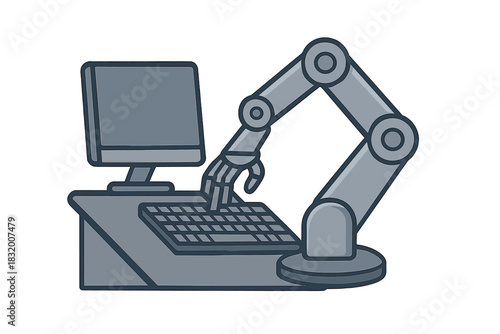 Robotic arm interacts with computer keyboard in a modern workspace setting