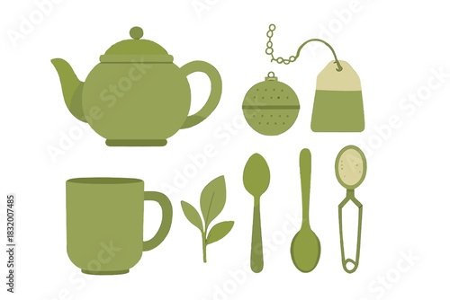 Green tea set with teapot, cup, and accessories arranged for a calming tea experience at home
