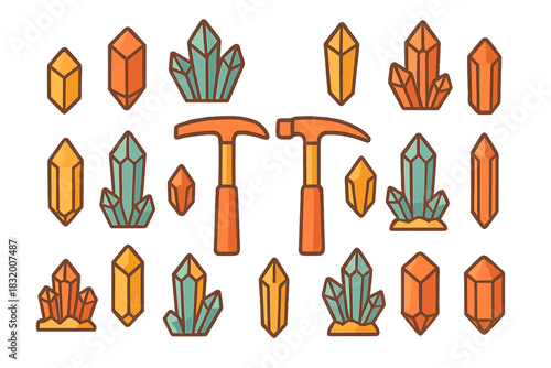 Colorful crystal mining tools and gems arranged in a pattern on a light background