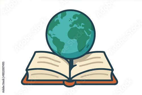 Open book with a globe symbolizing knowledge and education for global awareness in a modern design