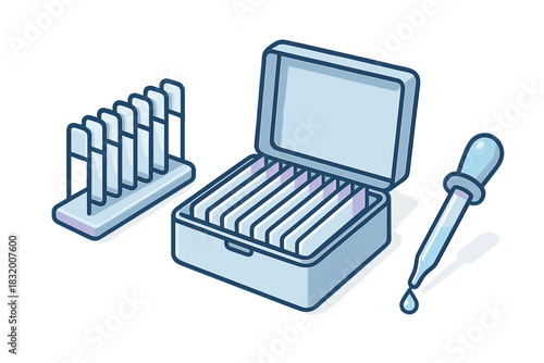 Collection of laboratory glass slides with dropper on white background for scientific analysis and experiments