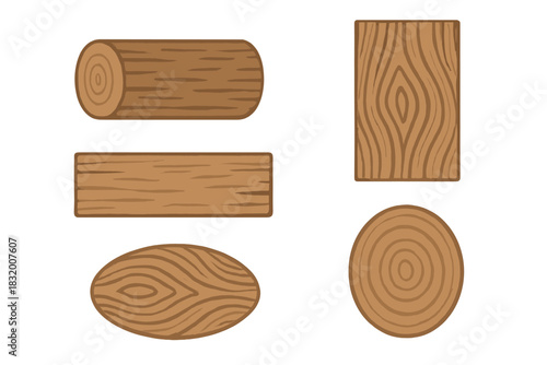 Different shapes of wood displayed on a white background showcasing their natural patterns and textures