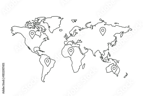 World map outline with location markers showing various continents and important spots around the globe