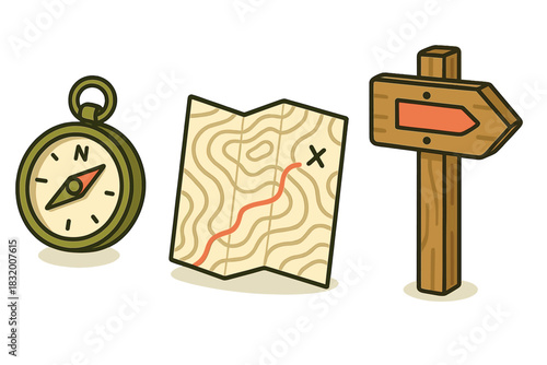 Exploring navigation tools including a compass, map, and directional sign for outdoor adventures