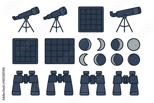 Telescope and binocular set alongside celestial observation tools in a clear and organized layout