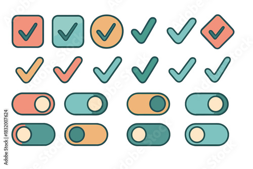 Various checkboxes and toggle switches in different styles and colors for digital interface design