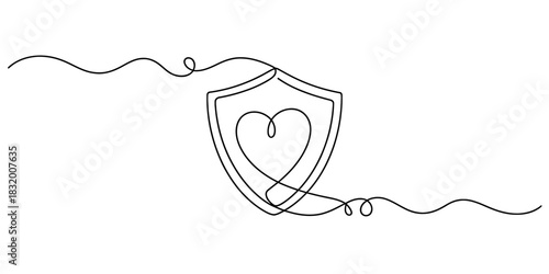 Continuous line art drawing of a shield embracing a heart, symbolizing secure love and protection in a minimalist, elegant style. Vector, illustration