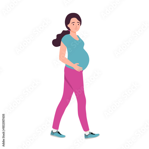 Pregnant woman walking for relaxation exercise in flat design on white background