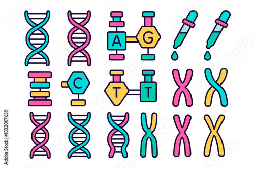 Colorful DNA and chromosome illustrations showing genetic elements and structures in a vibrant design suitable for educational materials