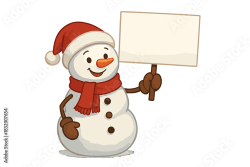 Snowman in a Santa hat holding a blank sign, ready for festive messages during winter celebrations