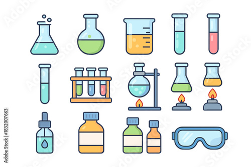 Colorful science lab equipment illustration showcasing various glassware and liquids used in experiments