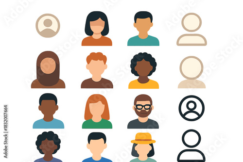 Diverse group of cartoon characters representing different ethnicities and styles in a grid layout on a plain background