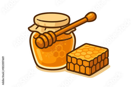 Honey jar with honey dipper and honeycomb on a simple background showcasing natural sweetness and healthy options