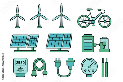 Renewable energy icons showcasing wind turbines, solar panels, and eco-friendly transportation options