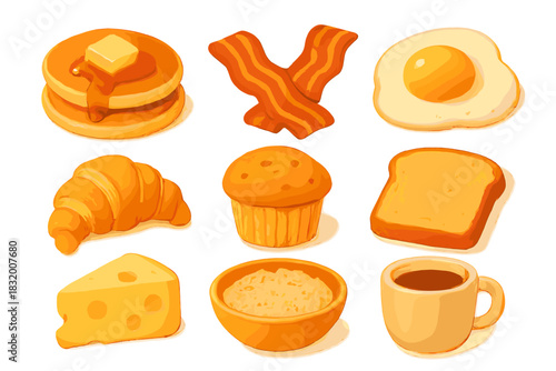 Breakfast foods including pancakes, bacon, croissants, and coffee in a colorful, illustrated style