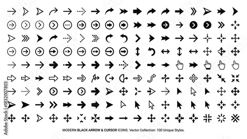 Modern Black Arrow & Cursor Icons Vector Set Collection of 150 Unique Element Packs for UI/UX Design