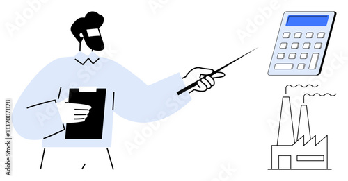 Man holding clipboard, pointing at calculator and factory graphic. Ideal for finance, economy, industry, data analysis, production planning, business strategies, simple flat metaphor