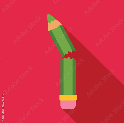 Green pencil snapped in two pieces with an eraser, casting a long shadow on a red background