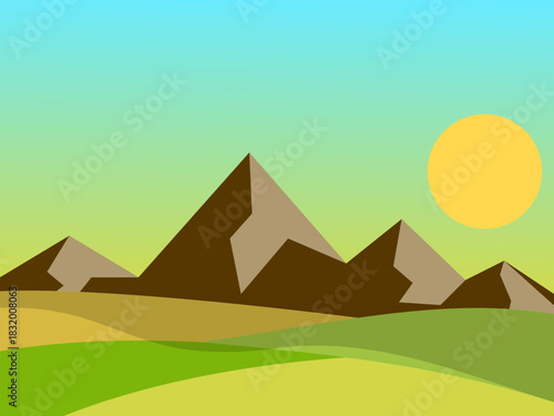 Flat vector mountains, green hills, and a bright sun under a gradient sky, ideal for nature, travel, and outdoor designs.