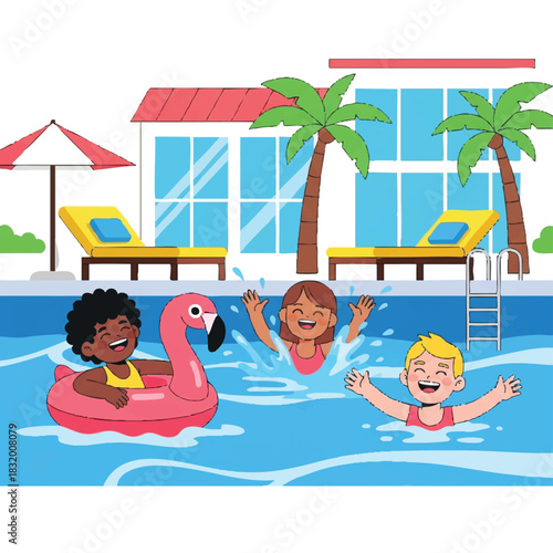 Three children playing and swimming in a pool with a flamingo float, near a building with palm trees and lounge chairs, conveying a fun and carefree summer mood.