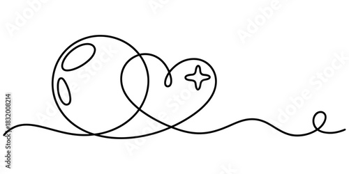 Simple continuous line art illustration depicting a vintage style video game controller evolving into a heart shape with a sparkling star. Vector, illustration