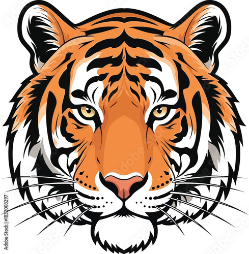 Striking tiger head illustration with detailed stripes and intense golden eyes gaze