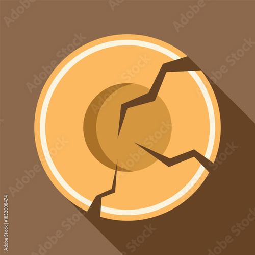 Cracked gold coin portraying damaged economy and financial collapse in flat design style