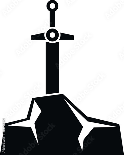 Sword hilt rising from a rock, depicting a classic legend and quest