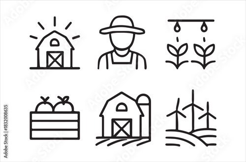 Farm life icons representing agriculture harvest and rural landscapes