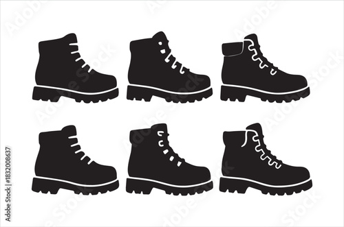 Black hiking boots in various poses a collection of silhouette designs